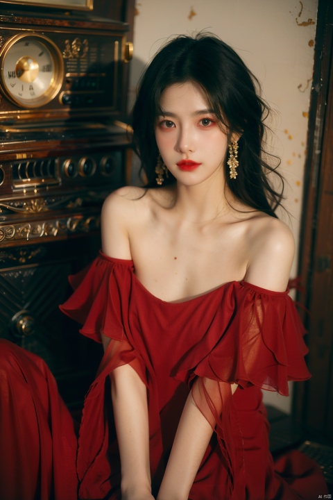  sdmai, hongchen, 1girl, solo, dress, red dress, black hair, realistic, breasts, jewelry, earrings, looking at viewer, bare shoulders,(big breasts:1.33)