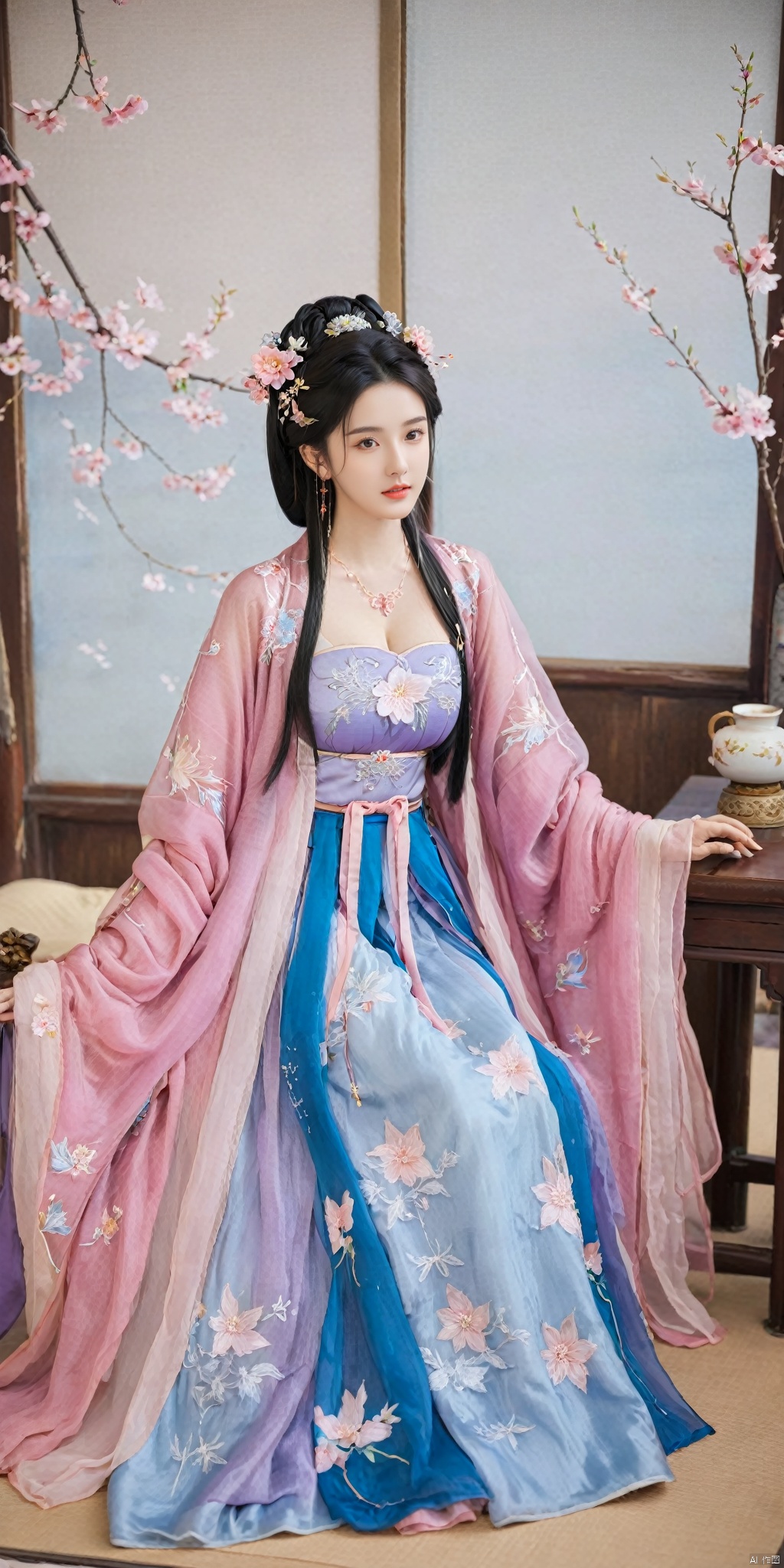  1girl, solo, long hair, black hair,Hairpins,necklace, hair ornament, dress, full body, flower, earrings, indoors, hair bun, (purple-pink-blue dress),(Tube top Hanfu long skirt:1.1), pillow, bed, night, chinese clothes, table, branch,daxiushan, ,daxiushan style,(huge breasts:1.6), (full breasts:1.39), realistic,hanfu, daxiushan,Shoulders are exposed, , daxiushan, arien_hanfu, FilmGirl