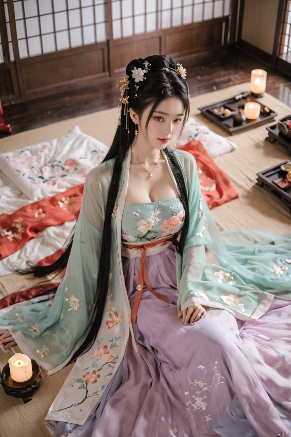  1girl, solo, long hair, black hair,Hairpins,necklace, hair ornament, dress, full body, flower, earrings, indoors, hair bun, (Holographic color dress),(Tube top Hanfu long skirt:1.1), pillow, bed, night, chinese clothes, table, branch,daxiushan, ,daxiushan style,(huge breasts:1.99), (full breasts:1.59), realistic,hanfu, daxiushan,Shoulders are exposed, , daxiushan, arien_hanfu, FilmGirl