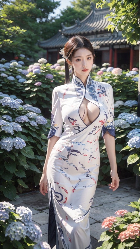  1girl,front,mottledsunlight,hydrangea flowers field,photoparticle,refracted light,light particles,sparkle,backlighting,hydrangea flower,china dress\(haihang\),lingxing, (big breasts:1.69),(Ancient Chinese architecture, Suzhou gardens, gardens full of flowers:1.3), X-Hydrangea, Oil-paper umbrella,moyou