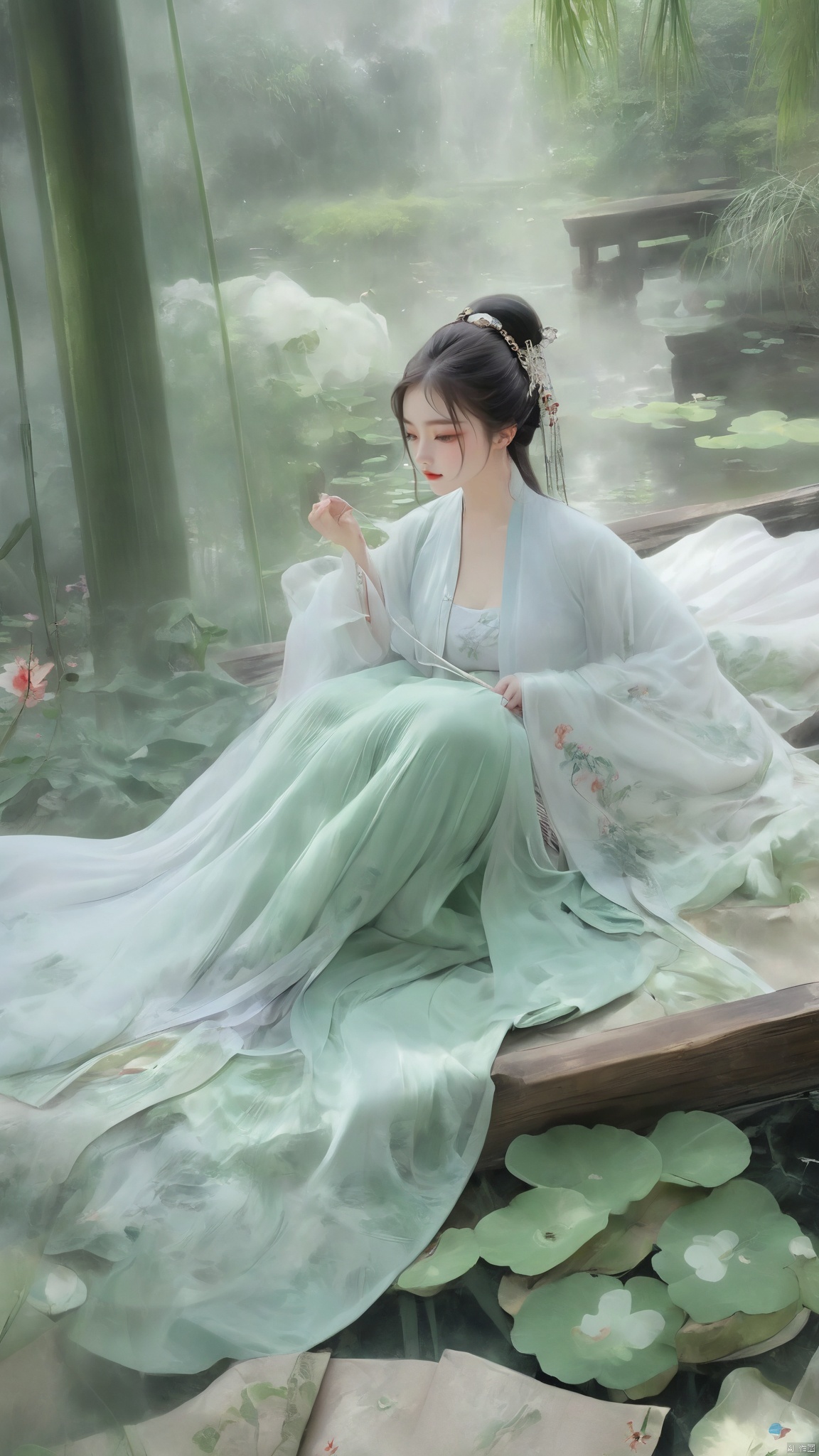  ((1girl)),solo,lying on back on bamboo mat bed in garden,paper fan,thin hanfu,foggy,(curtain),(bamboo forest),(huge breasts:1.88),(Spread your legs and expose your vagina:1.55),tiles roof,light green and white,off shoulders,chinese painting,gongbi style,water_color,(grapevineman:1.4),(huge breasts:2),(trees, artificial mountain, green lotus leaves,light pink lotus flowers),koi,wooden windows,doors,bed,stone,trandional architecture,temple,tower,wall,chinese garden,long hair,full body,bangs,(huge breasts:2.2),(masterpiece, Extremely detailed, best quality, highres:1.2),(ultra_detailed, UHD:1.2),soft smile,huyefo,1girl,see-through,(huge breasts:2.3),,*****,bsp,daxiushan,daxiushan style,