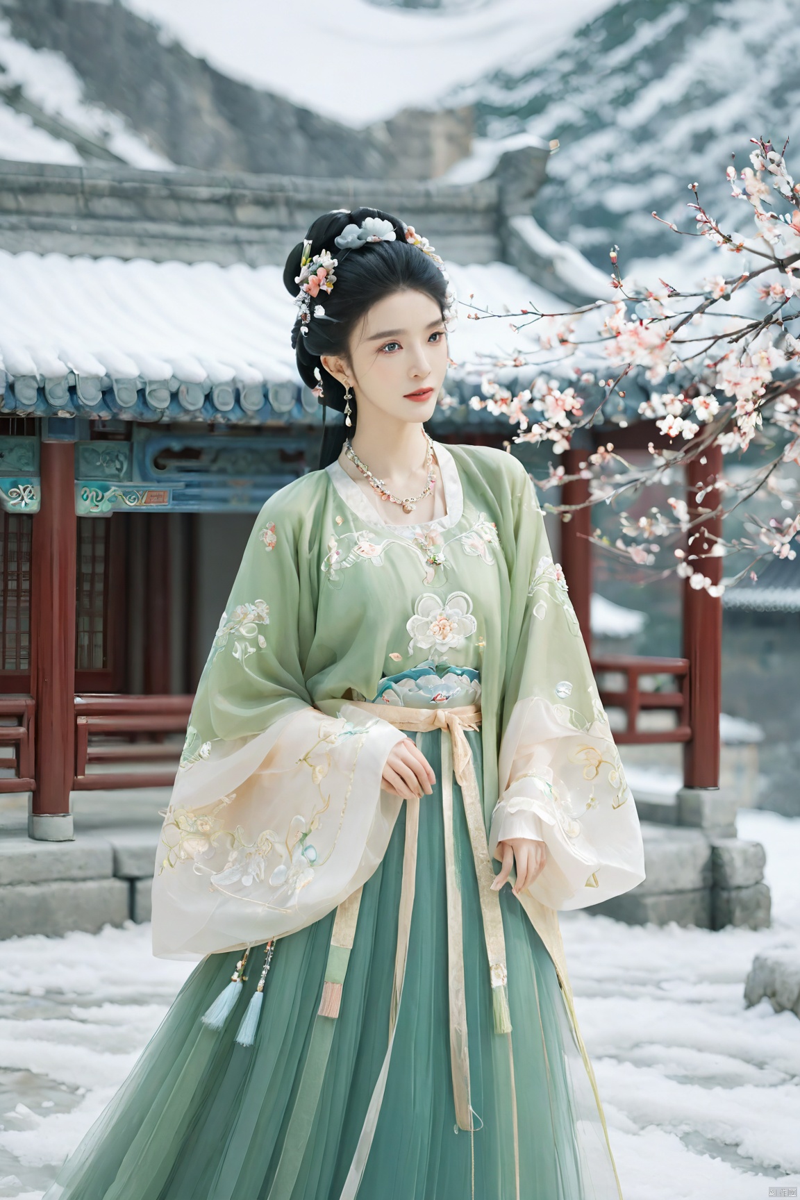  masterpiece,best quality,8K,official art,ultra high res,1girl,looking at viewer,chinese clothes,hanfu,jewelry,hair ornament,upper body,solo,earrings,snowy mountain,ruins,flower,black hair,necklace,teeth,hair bun,dress,parted lips,hair flower,((full body)),dress,hanfu,embroidery,exquisite,meticulous,(tulle:1.4), MAJICMIX STYLE, FilmGirl, monkren, (big breasta:1.39), 