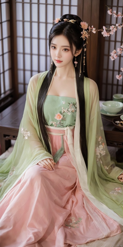  1girl, solo, long hair, black hair,Hairpins,necklace, hair ornament, dress, full body, flower, earrings, indoors, hair bun, (pink-green dress),(Tube top Hanfu long skirt:1.1), pillow, bed, night, chinese clothes, table, branch,daxiushan, ,daxiushan style,(huge breasts:1.88), (full breasts:1.59), realistic,hanfu, daxiushan,Shoulders are exposed, , daxiushan, arien_hanfu, FilmGirl