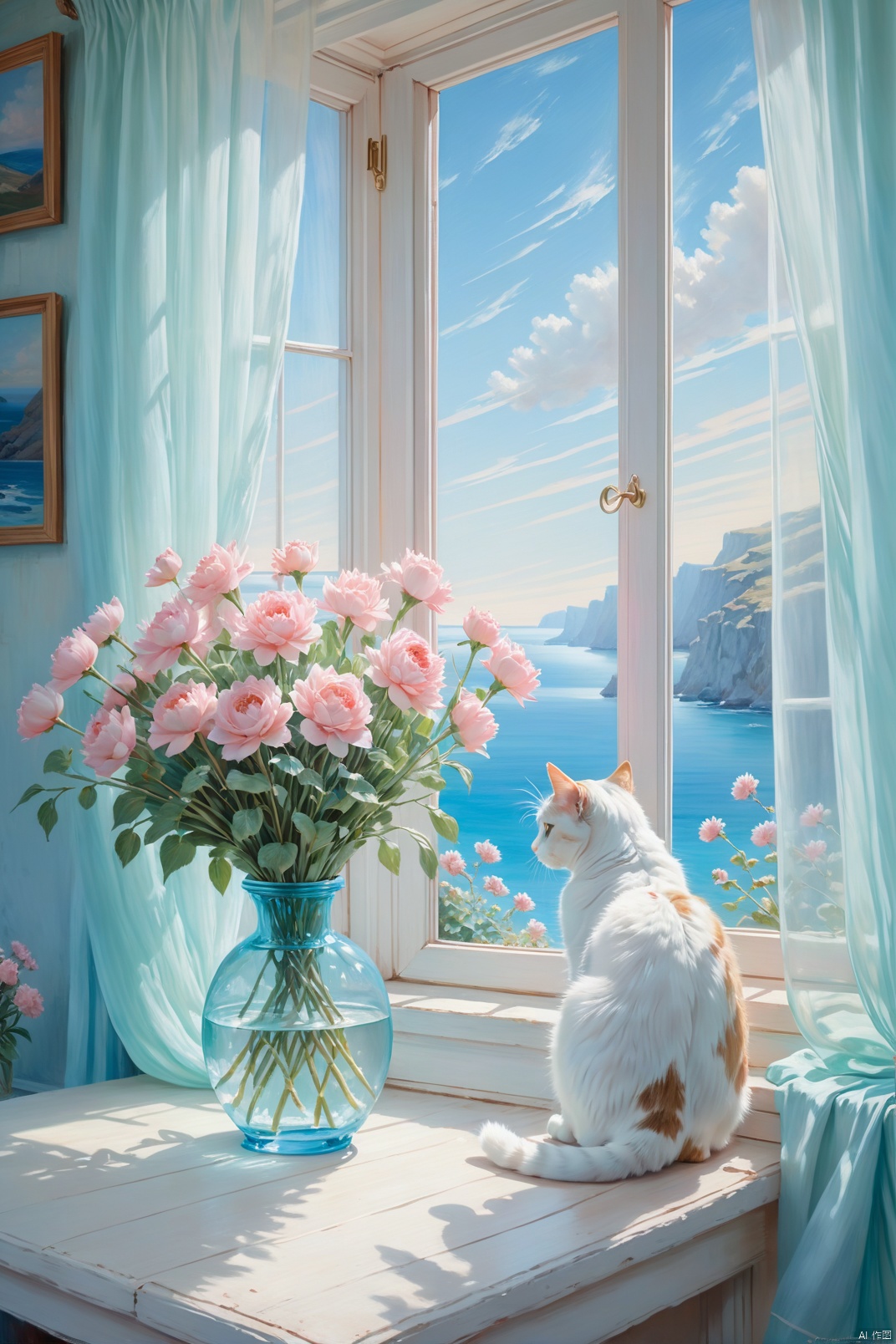  a cat looking at a bouquet, near by the window with the curtains, coastal landscape outside the window, oil painting, plein air painting, dreamy azure, light blue and dreamy pink, dreamy ice mint, natural light, high quality, high detail, super clarity, transcendent work