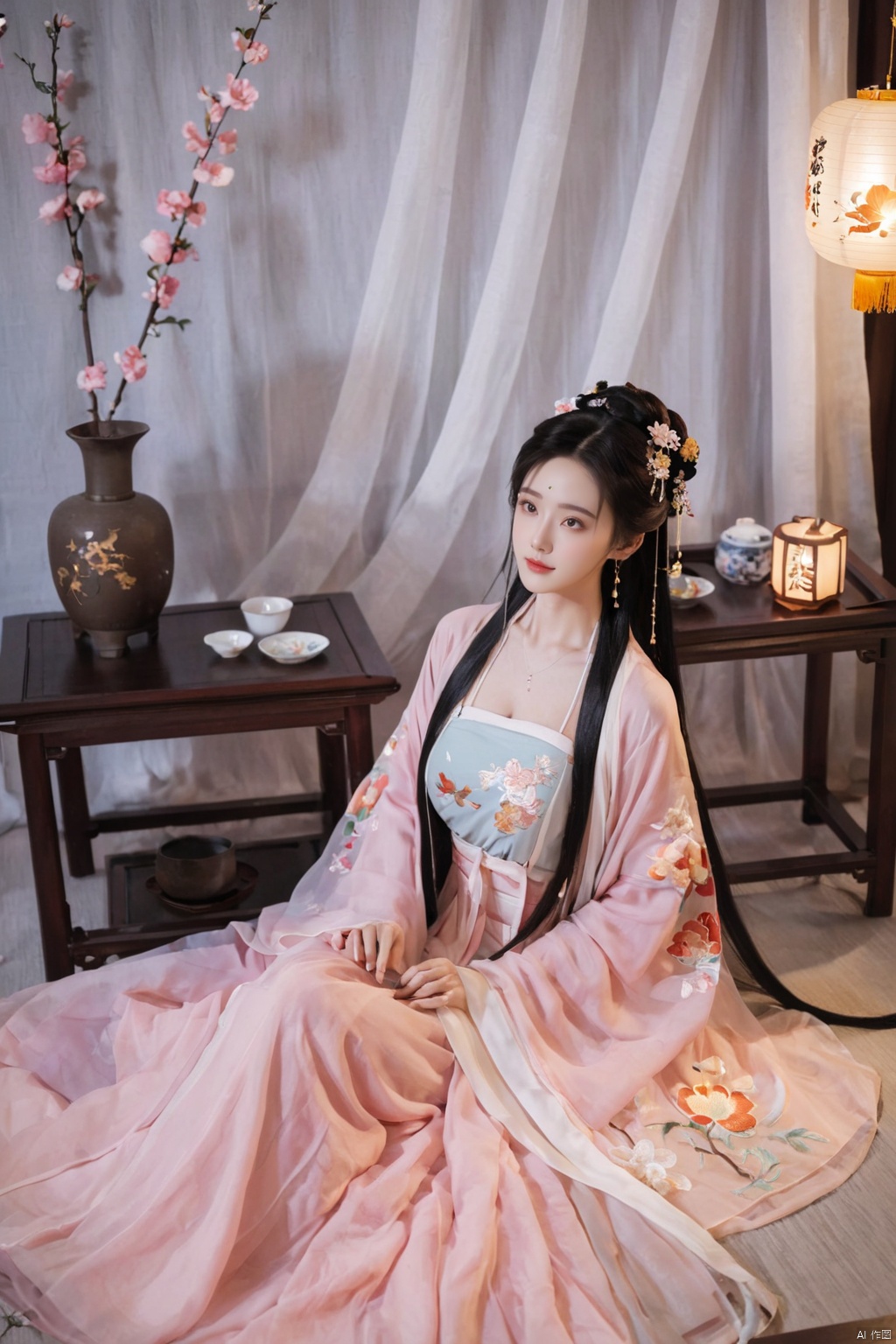  1girl, solo, long hair, black hair,Hairpins,necklace, hair ornament, dress, full body, flower, earrings, indoors, hair bun, (Peony embroidery dress),(Tube top Hanfu long skirt:1.1), pillow, bed, night, chinese clothes, table, branch,daxiushan, ,daxiushan style,(huge breasts:1.99), (full breasts:1.59), realistic,hanfu, daxiushan,Shoulders are exposed, , daxiushan, arien_hanfu, FilmGirl