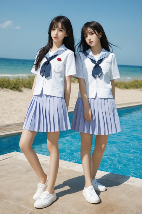 2girls,arms_at_sides,beach,black_hair,day,full_body,horizon,lips,long_hair,looking_at_viewer,multiple_girls,ocean,outdoors,pleated_skirt,pool,realistic,school_uniform,serafuku,shoes,shore,short_sleeves,skirt,sneakers,standing,water,white_footwear, jk-uniform, Water_butterfly, X-Rose, desert_sky