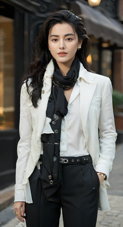  1girl,scarf,long hair,pants,solo,ring,jewelry,black pants,shirt,belt,hand in pocket,white shirt,blurry,blurry background,looking at viewer,black hair,brown eyes,formal,white scarf,standing,black jacket,realistic,lips,buttons,cowboy shot,outdoors,long sleeves,pant suit,, monkren