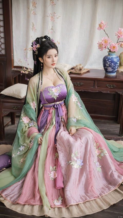  1girl, solo, long hair, black hair,Hairpins,necklace, hair ornament, dress, full body, flower, earrings, indoors, hair bun, (purple-pink-green dress),(Tube top Hanfu long skirt:1.1), pillow, bed, night, chinese clothes, table, branch,daxiushan, ,daxiushan style,(huge breasts:1.6), (full breasts), realistic,hanfu, daxiushan,Shoulders are exposed, , daxiushan, arien_hanfu, FilmGirl