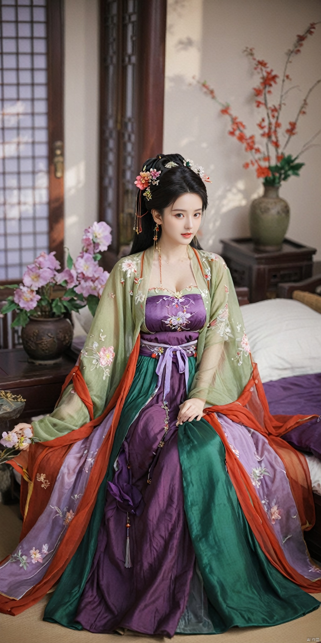  1girl, solo, long hair, black hair,Hairpins,necklace, hair ornament, dress, full body, flower, earrings, indoors, hair bun, (purple-red-green dress),(Tube top Hanfu long skirt:1.1), pillow, bed, night, chinese clothes, table, branch,daxiushan, ,daxiushan style,(huge breasts:1.6), (full breasts:1.39), realistic,hanfu, daxiushan,Shoulders are exposed, , daxiushan, arien_hanfu, FilmGirl