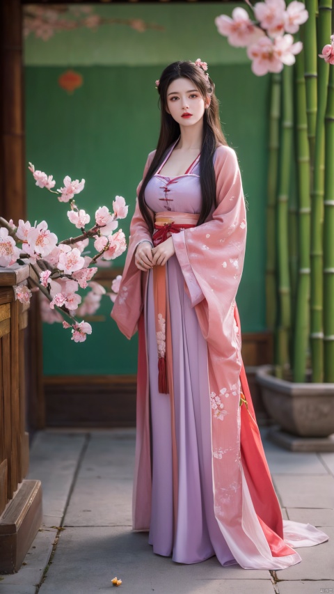  (masterpiece:1.4),(best quality:1.4),(ultra-detailed:1.2),high quality,highres,ultra high res,(RAW photo:1.2),extremely detailed,finely detail,,1girl,((long hair)),beautiful detailed eyes,full body,(duobaca),hanfu, red|blue Hanfu long skirt, (big breasts:1.69), shidudou, embroidered flower patterns, vibrantProj,(Plum blossom, peach blossom, cherry blossom, chrysanthemum, Xiangfei bamboo:1.36)