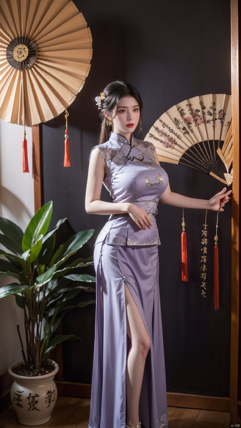  1girl, (high collar Lace light purple skirt:1.39), on Stomach, bed,aqua_earrings,Lights, lanterns, chang,(big breasts:1.79),hanfu, (antique cheongsam, Chinese round fans:1.3),(Flower arrangement, potted orchid, screen, Chinese ink painting, round fan:1.25)