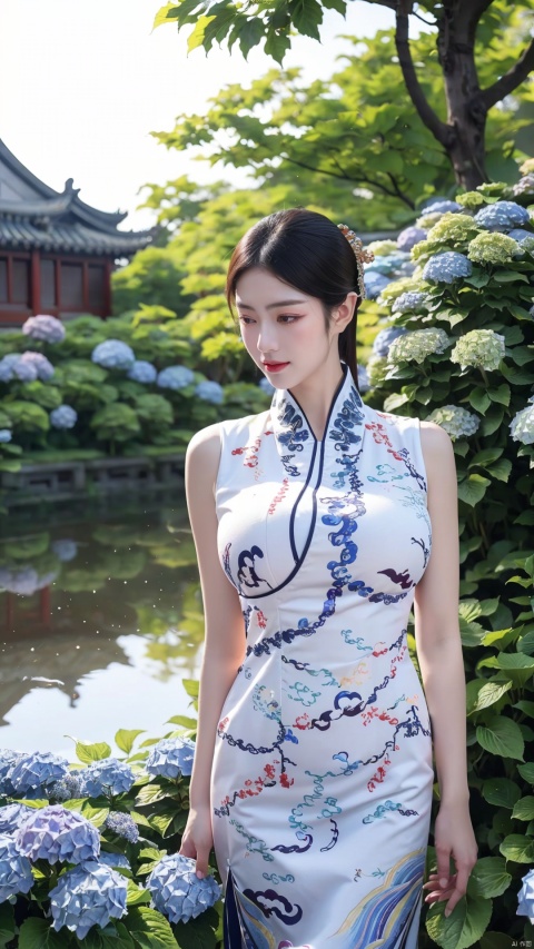  1girl,front,mottledsunlight,hydrangea flowers field,photoparticle,refracted light,light particles,sparkle,backlighting,hydrangea flower,china dress\(haihang\),lingxing, (big breasts:1.6),(Ancient Chinese architecture, Suzhou gardens, gardens full of flowers:1.3), X-Hydrangea, Oil-paper umbrella