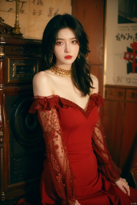  sdmai, hongchen, 1girl, solo, dress, red dress, black hair, realistic, breasts, jewelry, earrings, looking at viewer, bare shoulders,(big breasts:1.5)