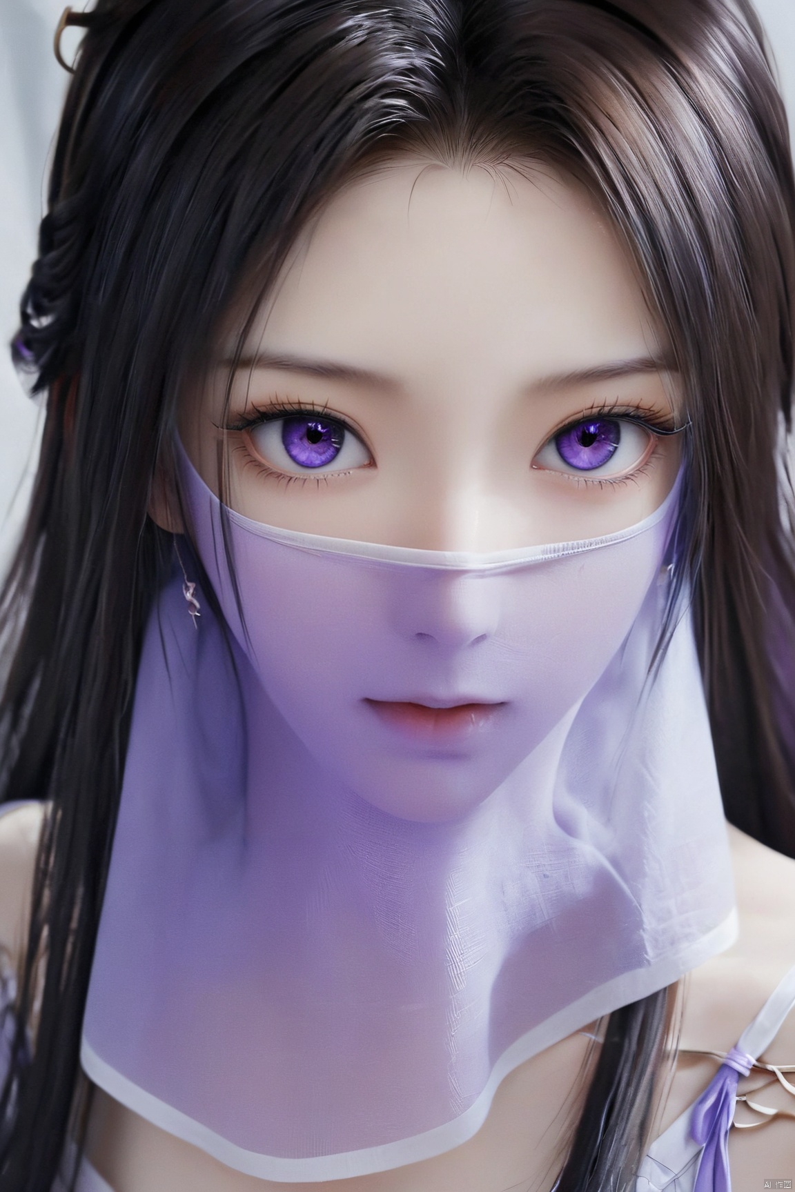  upper_body,macro range,,a girl,mouth gauze,purple eyes, X-ziling,(big breasts:1.59),