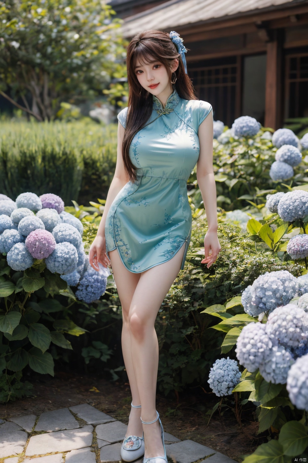  best quality, masterpiece,Depth of field,kind smile,looking_at_viewer,Dynamic pose,RAW photo,1girl,Xcheongsam,(big breasts:1.59),(ping-blue dress:1.23),full body,X-Hydrangea,Yunxiao_Fairy