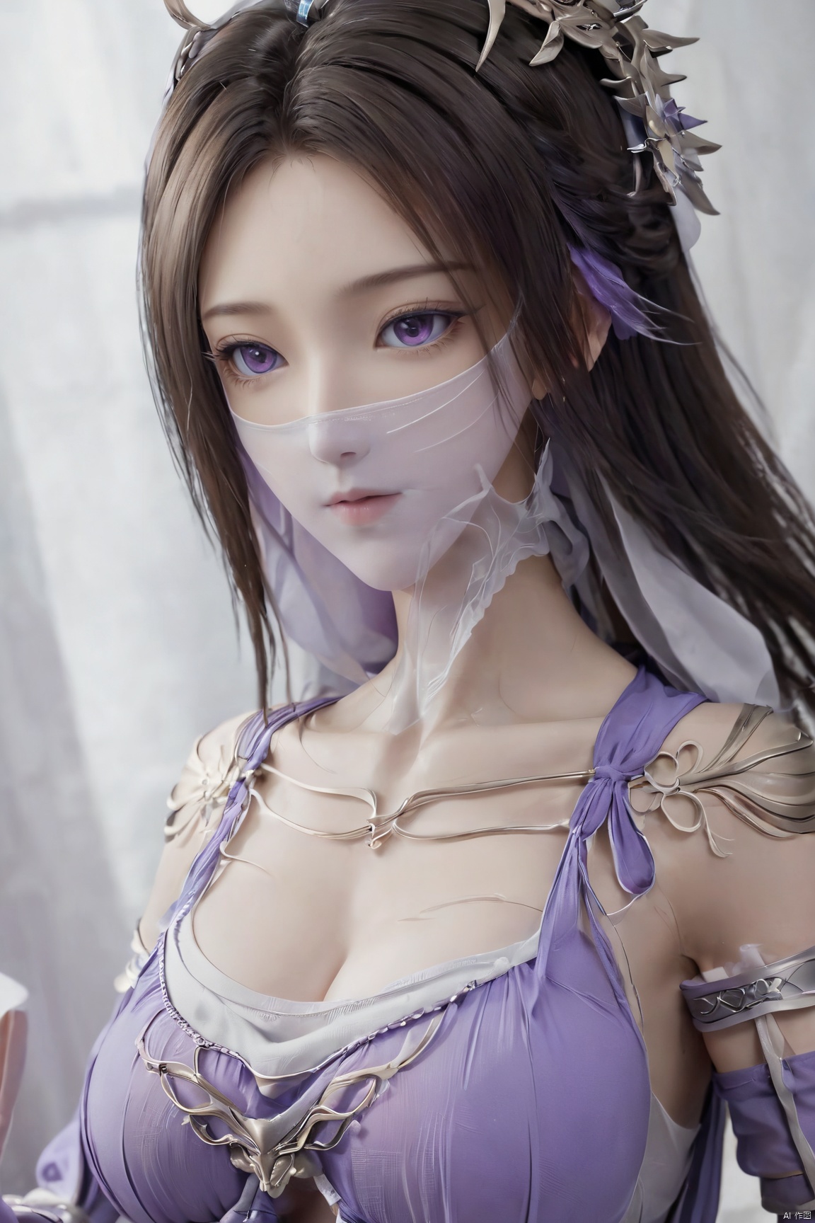  upper_body,macro range,,a girl,mouth gauze,purple eyes, X-ziling,(big breasts:1.59),