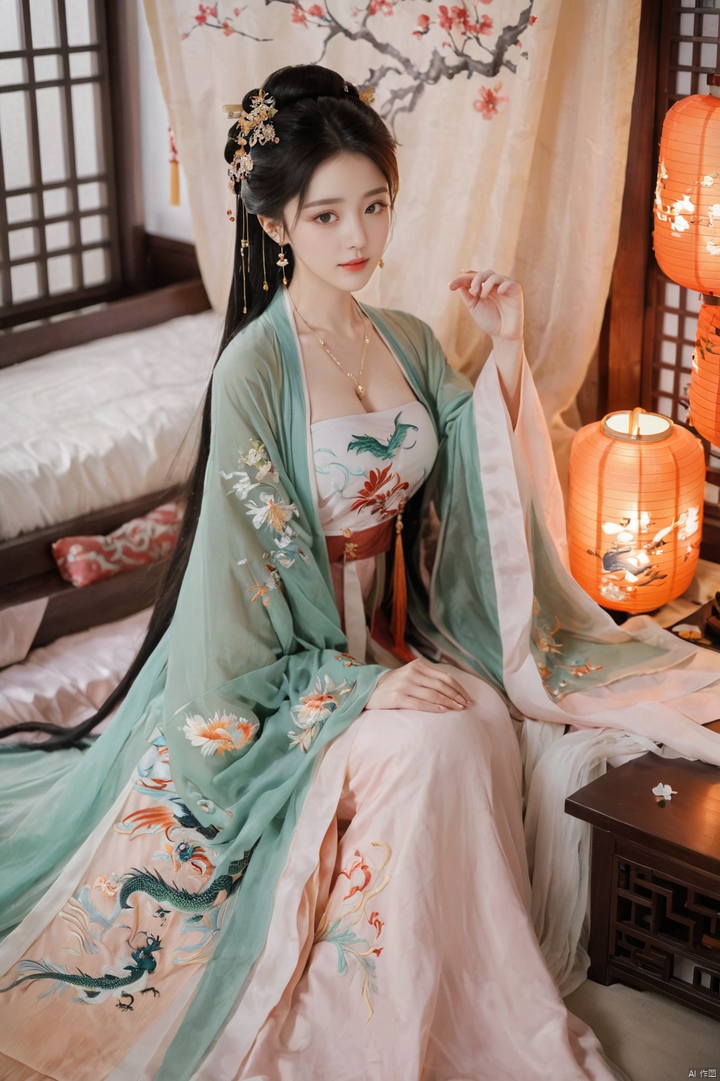  1girl, solo, long hair, black hair,Hairpins,necklace, hair ornament, dress, full body, flower, earrings, indoors, hair bun, (Dragon and phoenix pattern embroidery dress),(Tube top Hanfu long skirt:1.1), pillow, bed, night, chinese clothes, table, branch,daxiushan, ,daxiushan style,(huge breasts:1.99), (full breasts:1.59), realistic,hanfu, daxiushan,Shoulders are exposed, , daxiushan, arien_hanfu, FilmGirl