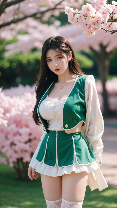  1girl,eye contact,sunlight,(green JK_suit:1.2),JK_style,(dark blue JK_skirt),standing,arms behindback,white thighhighs,unity 8k wallpaper,ultra detailed,beautiful and aesthetic,cherry blossoms,(depth of field:1.5),(black pantyhose),reality,high quality,highres,(big breasta:1.3)