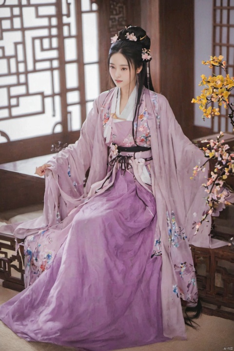  1girl, solo, long hair, black hair,Hairpins,necklace, hair ornament, dress, full body, flower, earrings, indoors, hair bun, (purple dress),(Tube top Hanfu long skirt:1.1), pillow, bed, night, chinese clothes, table, branch,daxiushan, ,daxiushan style,(huge breasts:1.69), (full breasts:1.59), realistic,hanfu, daxiushan,Shoulders are exposed, , daxiushan, arien_hanfu, FilmGirl