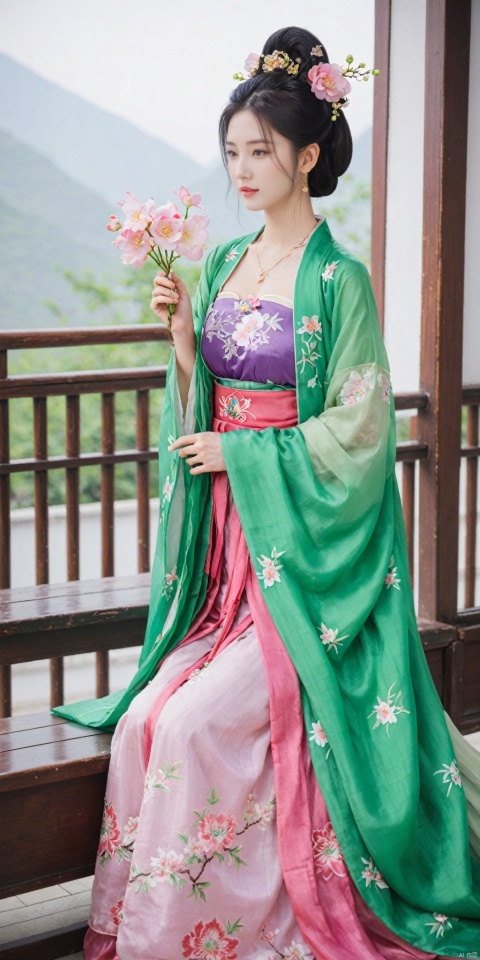  1girl, solo, long hair, black hair,Hairpins,necklace, hair ornament, dress, full body, flower, earrings, indoors, hair bun, (purple-pink-green dress),(Tube top Hanfu long skirt:1.1), pillow, bed, night, chinese clothes, table, branch,daxiushan, ,daxiushan style,(huge breasts:1.69), (full breasts:1.52), realistic,hanfu, daxiushan,Shoulders are exposed,daxiushan, arien_hanfu, FilmGirl