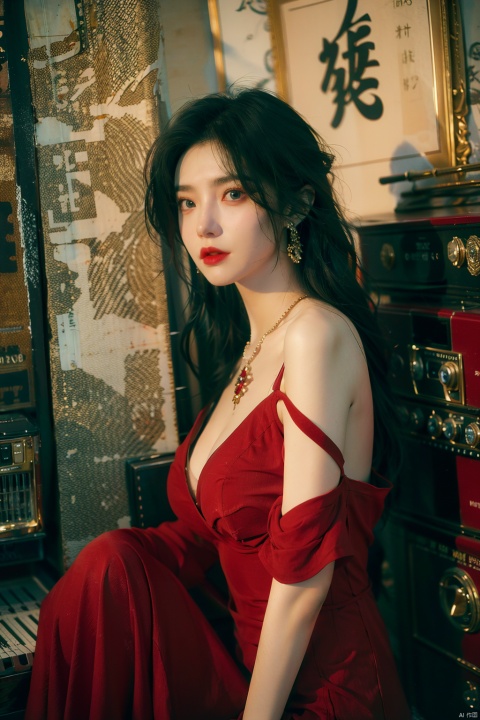  sdmai, hongchen, 1girl, solo, dress, red dress, black hair, realistic, breasts, jewelry, earrings, looking at viewer, bare shoulders,(big breasts:1.33)