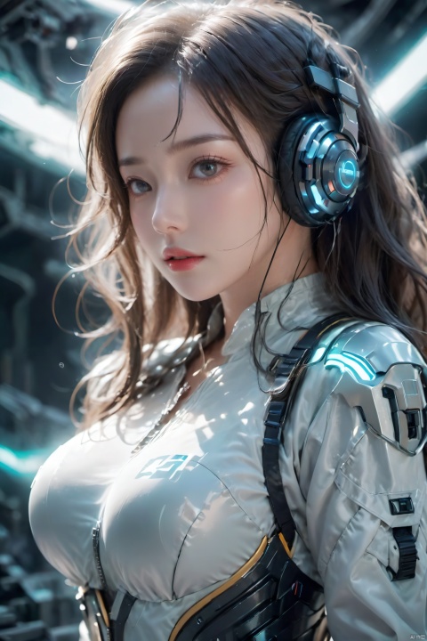  1girl,Future style gel coat,Future Combat Suit,Mecha,blurry background,breasts,depth of field,headphones,Glowing Clothing,Future Technology Space Station,Clothing with multiple light sources,Upper body,Oblique lateral body,Above the abdomen,headset,lips,long hair,looking at viewer,(big breasts:1.3),parted lips,realistic,science fiction,solo,upper body,White hair
