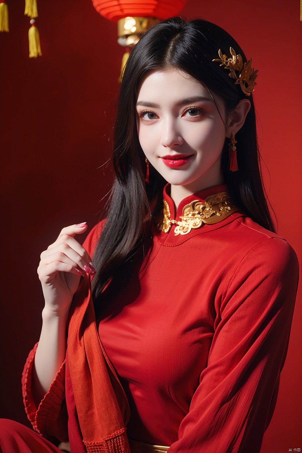 1girl,(solo:1.2),red sweater,sweater,sitting,grin,smile,chinese new year,jewelry,tassel,lantern,make up,hair ornament,(realistic,4K resolution,masterpiece,top quality,best quality,official art,beautiful and aesthetic),photorealistic,red background,paper lantern,eastern dragon