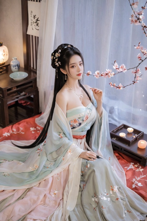  1girl, solo, long hair, black hair,Hairpins,necklace, hair ornament, dress, full body, flower, earrings, indoors, hair bun, (Silver dress),(Tube top Hanfu long skirt:1.1), pillow, bed, night, chinese clothes, table, branch,daxiushan, ,daxiushan style,(huge breasts:1.99), (full breasts:1.59), realistic,hanfu, daxiushan,Shoulders are exposed, , daxiushan, arien_hanfu, FilmGirl