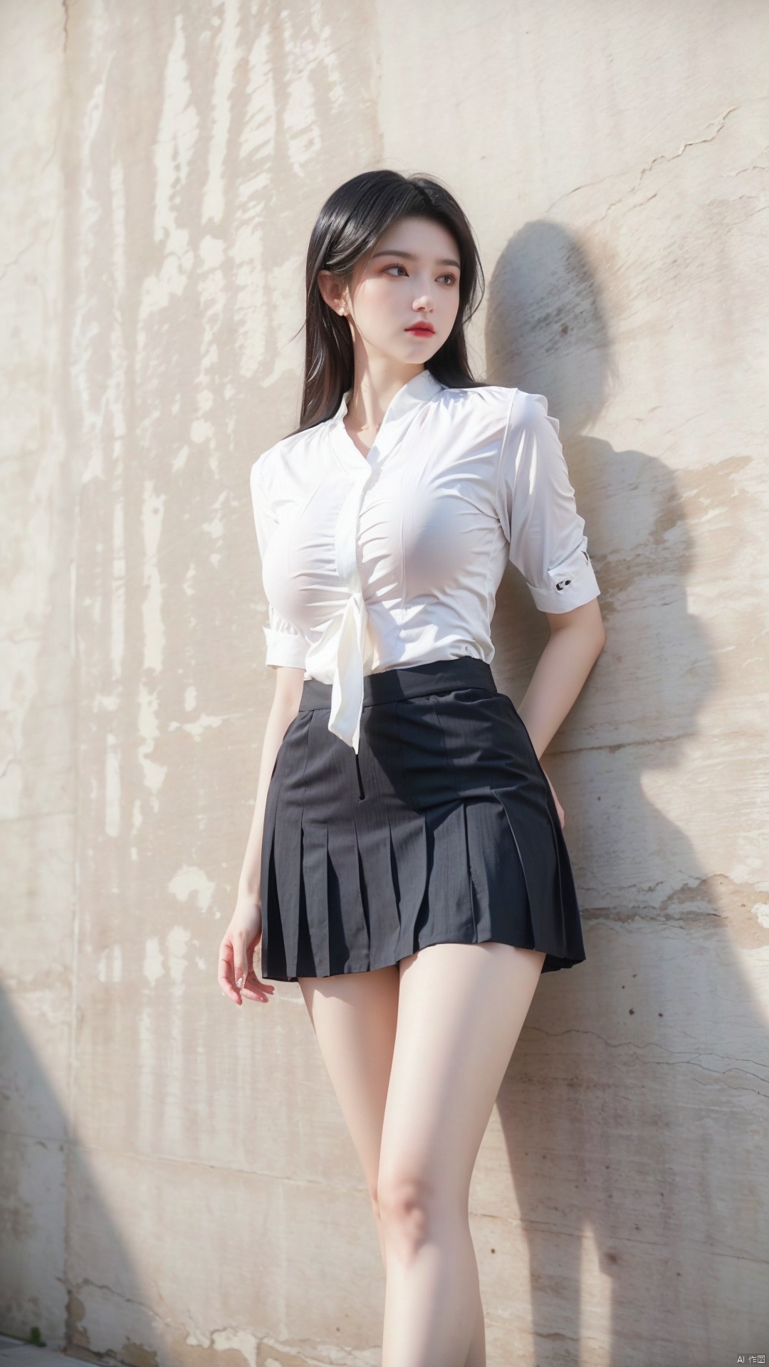  Best quality,masterpiece, 1girl,business shirt, (huge breasts:1.5)(Tie), (Exposed thighs:1.3), (mini skirt:1.3), (pleated skirt:1.3),1 girl,(The background is white wall:1.3),(big breasts:1.3),(huge breasts:1.3),Clothes Chinese landscape painting hanging on the wall