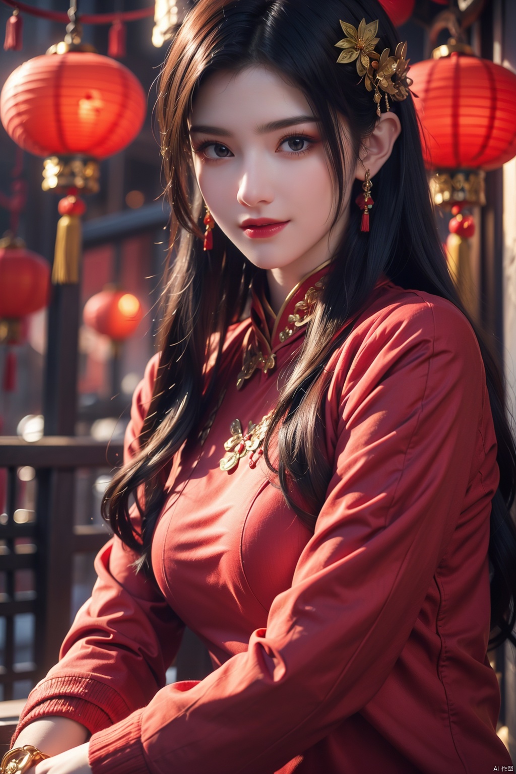  1girl,(solo:1.2),red sweater,sweater,sitting,grin,smile,chinese new year,jewelry,tassel,lantern,make up,hair ornament,(realistic,4K resolution,masterpiece,top quality,best quality,official art,beautiful and aesthetic),photorealistic,red background,paper lantern,eastern dragon