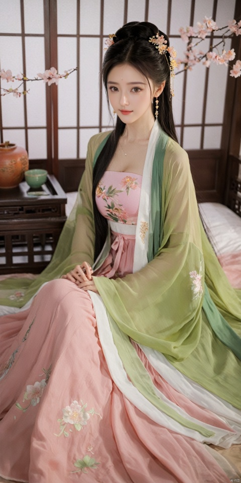  1girl, solo, long hair, black hair,Hairpins,necklace, hair ornament, dress, full body, flower, earrings, indoors, hair bun, (pink-green dress),(Tube top Hanfu long skirt:1.1), pillow, bed, night, chinese clothes, table, branch,daxiushan, ,daxiushan style,(huge breasts:1.88), (full breasts:1.59), realistic,hanfu, daxiushan,Shoulders are exposed, , daxiushan, arien_hanfu, FilmGirl