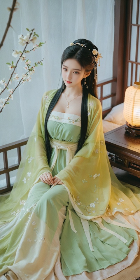  1girl, solo, long hair, black hair,Hairpins,necklace, hair ornament, dress, full body, flower, earrings, indoors, hair bun, (light green dress),(Tube top Hanfu long skirt:1.1), pillow, bed, night, chinese clothes, table, branch,daxiushan, ,daxiushan style,(huge breasts:1.99), (full breasts:1.59), realistic,hanfu, daxiushan,Shoulders are exposed, , daxiushan, arien_hanfu, 