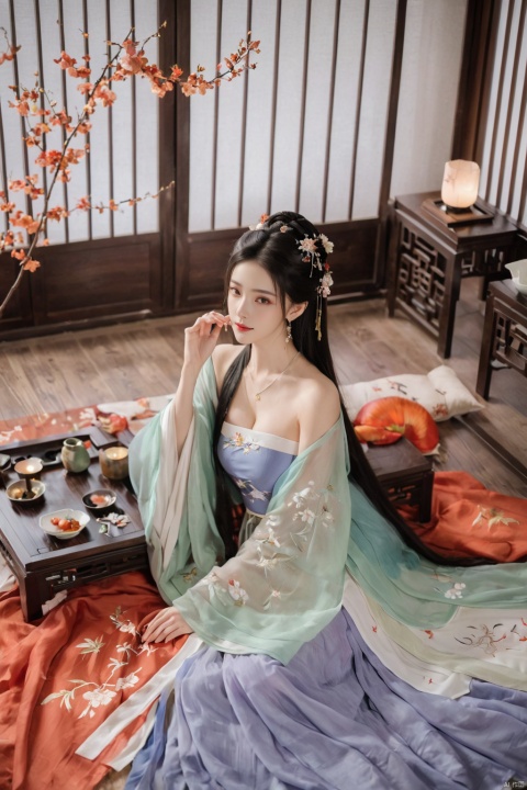  1girl, solo, long hair, black hair,Hairpins,necklace, hair ornament, dress, full body, flower, earrings, indoors, hair bun, (Silk dress),(Tube top Hanfu long skirt:1.1), pillow, bed, night, chinese clothes, table, branch,daxiushan, ,daxiushan style,(huge breasts:1.99), (full breasts:1.59), realistic,hanfu, daxiushan,Shoulders are exposed, , daxiushan, arien_hanfu, FilmGirl