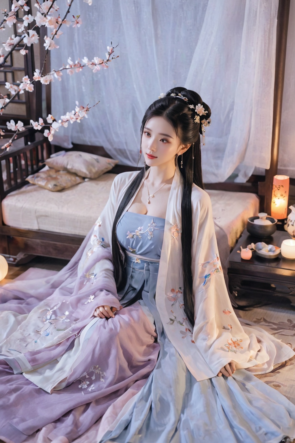  1girl, solo, long hair, black hair,Hairpins,necklace, hair ornament, dress, full body, flower, earrings, indoors, hair bun, (Silver dress),(Tube top Hanfu long skirt:1.1), pillow, bed, night, chinese clothes, table, branch,daxiushan, ,daxiushan style,(huge breasts:1.99), (full breasts:1.59), realistic,hanfu, daxiushan,Shoulders are exposed, , daxiushan, arien_hanfu, FilmGirl