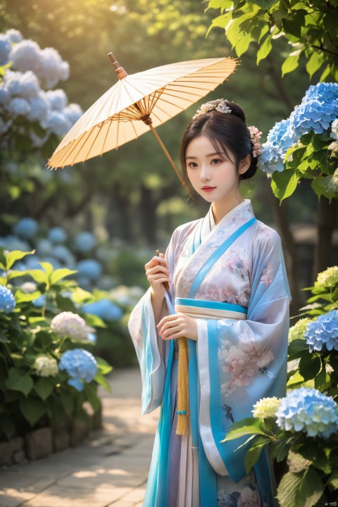  1girl,front,mottledsunlight,hydrangea flowers field,photoparticle,refracted light,light particles,sparkle,backlighting,hydrangea flower,china dress\(haihang\),lingxing, (big breasts:1.6),(Ancient Chinese architecture, Suzhou gardens, gardens full of flowers:1.3), X-Hydrangea, Oil-paper umbrella, song_hanfu, desert_sky, NaGongWan