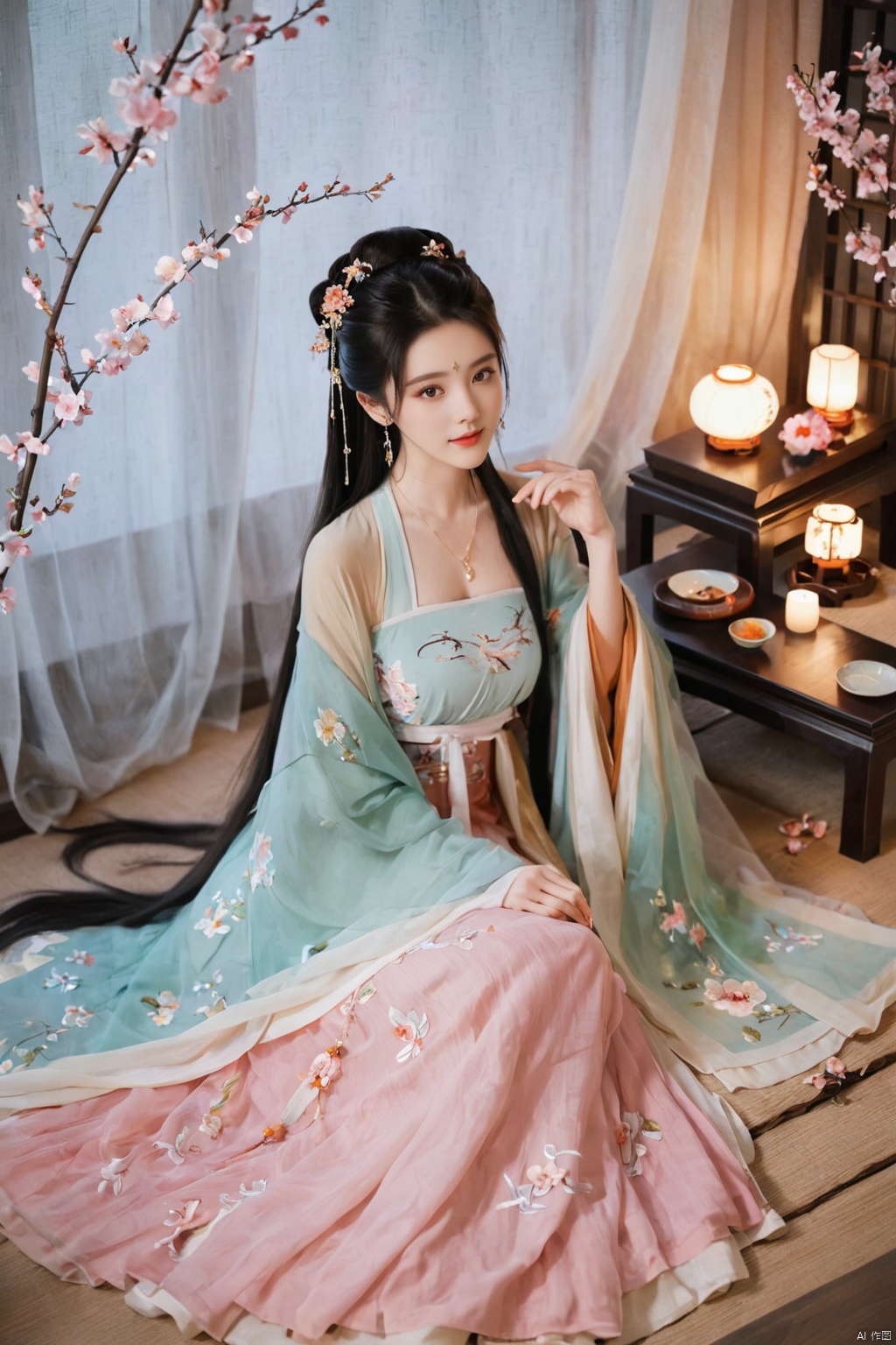  1girl, solo, long hair, black hair,Hairpins,necklace, hair ornament, dress, full body, flower, earrings, indoors, hair bun, (Tulle dress),(Tube top Hanfu long skirt:1.1), pillow, bed, night, chinese clothes, table, branch,daxiushan, ,daxiushan style,(huge breasts:1.99), (full breasts:1.59), realistic,hanfu, daxiushan,Shoulders are exposed, , daxiushan, arien_hanfu, FilmGirl