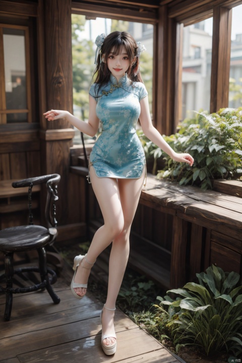  best quality, masterpiece,Depth of field,kind smile,looking_at_viewer,Dynamic pose,RAW photo,1girl,Xcheongsam,full body,(big breasts:1.39),ping-blue dress,hand101