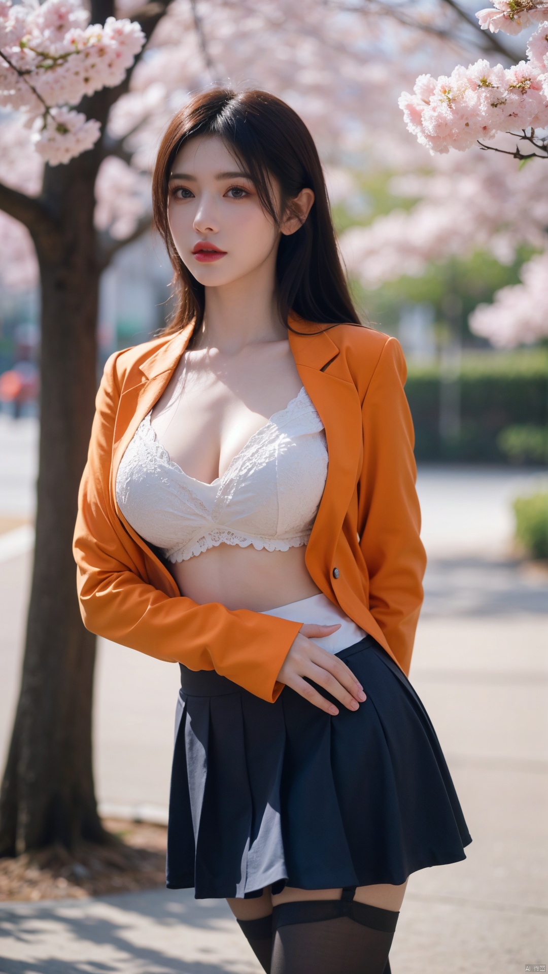  1girl,eye contact,sunlight,(orange JK_suit:1.2),JK_style,(dark blue JK_skirt),standing,arms behindback,white thighhighs,unity 8k wallpaper,ultra detailed,beautiful and aesthetic,cherry blossoms,(depth of field:1.5),(black pantyhose),reality,high quality,highres,(big breasta:1.26)