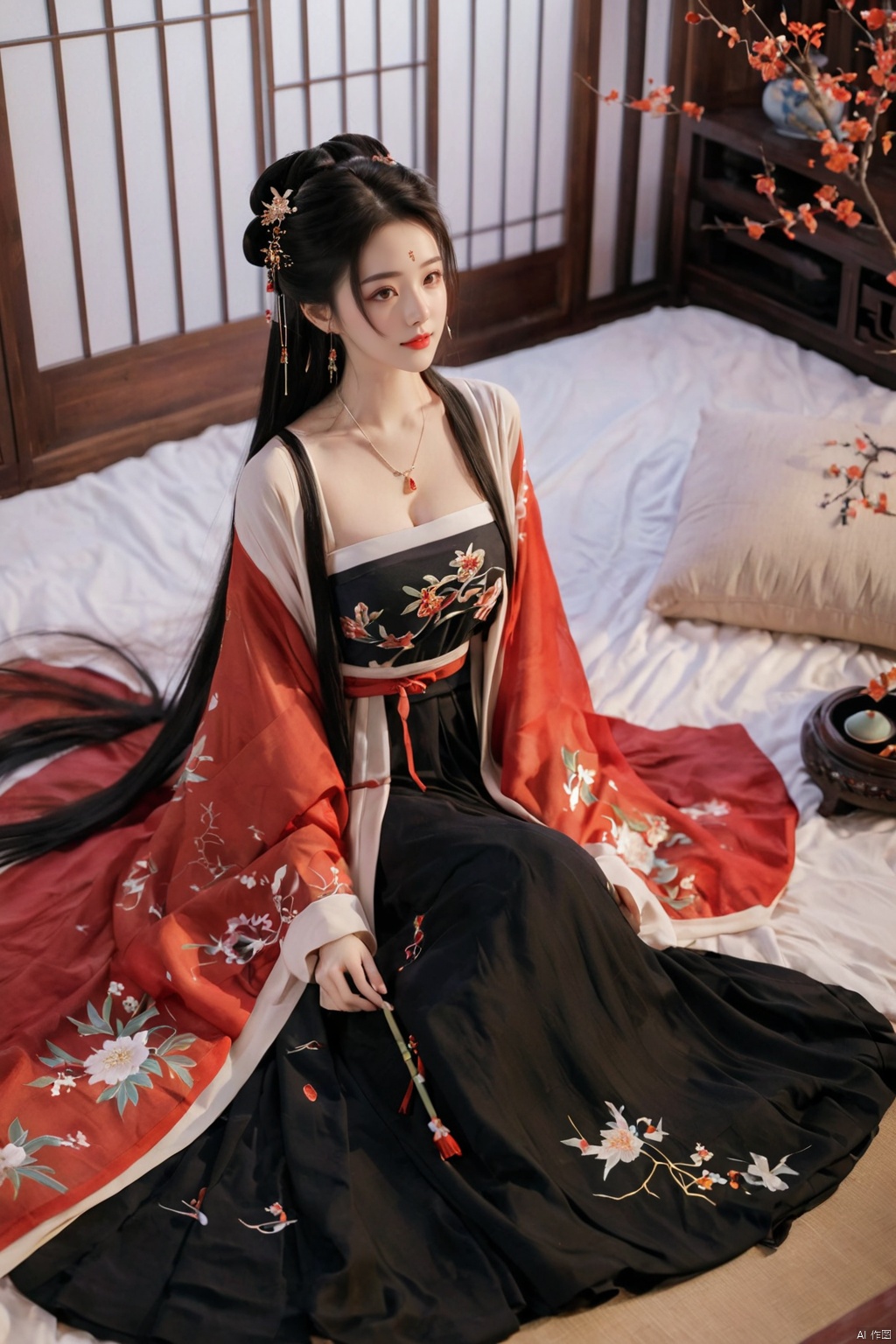  1girl, solo, long hair, black hair,Hairpins,necklace, hair ornament, dress, full body, flower, earrings, indoors, hair bun, (black-red dress),(Tube top Hanfu long skirt:1.1), pillow, bed, night, chinese clothes, table, branch,daxiushan, ,daxiushan style,(huge breasts:1.99), (full breasts:1.59), realistic,hanfu, daxiushan,Shoulders are exposed, , daxiushan, arien_hanfu, FilmGirl