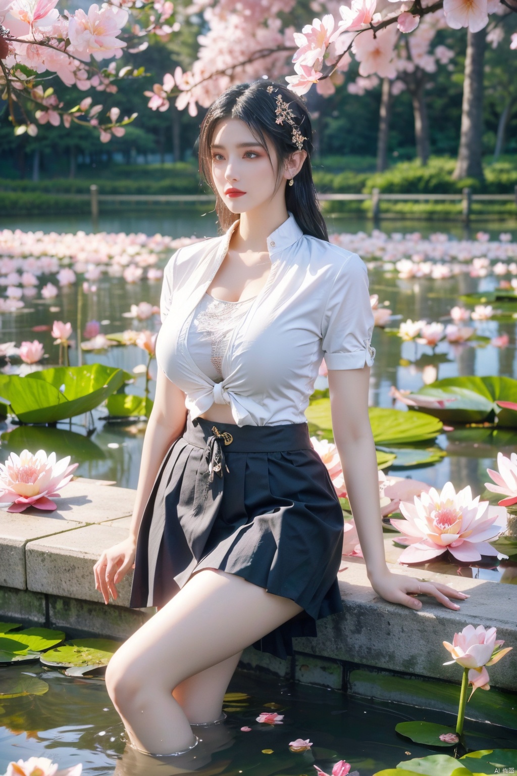  Best quality,masterpiece, 1girl,business shirt, (huge breasts:1.59)(Tie), (Exposed thighs:1.3), (mini skirt:1.3), (pleated skirt:1.3),1 girl,(Sitting on the grass in the park with a lotus pond in the background:1.3),(Lotus, cherry blossom, water lily:1.53),(huge breasts:1.79),,moyou,yuzu