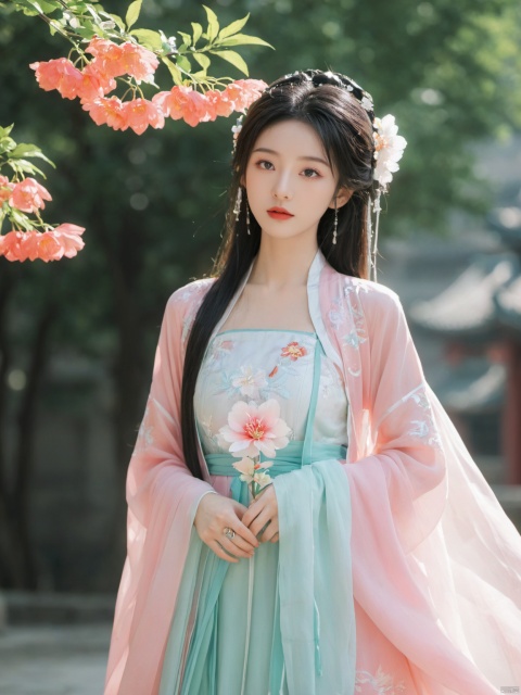  arien_hanfu,1girl, solo, flower, long hair, black hair, hair ornament, (big breasts:2.29), hair flower, blue eyes, floral print, chinese clothes, looking at viewer, detached sleeves, full body, white flower, parted lips, dress, pink flower, china dress, bare shoulders, blush, red flower, eyelashes, white dress, lips, sleeveless, parted bangs, grey background, gongzhuqie, neon_dress,huansha, glowing,lens flare,big leaf,plant, wind, chang,(big breasts:2.59)