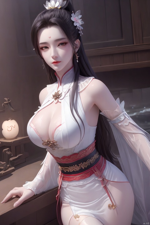 Xbaihehuai,masterpiece,(best quality),official art, extremely detailed cg 8k wallpaper,((crystalstexture skin)), (extremely delicate and beautiful),highly detailed,1girl,solo,long hair,headwear,,(black hair),(closed mouth),(standing),(chinese clothing),dress,Headwear, jewelry,,looking at the audience,Facing the camera,indoor,Street, Sunny,(whole body),looking_at_viewer, (big breasts), upper body,Xbaihehuai, ty-hd, desert_sky,X-Hydrangea