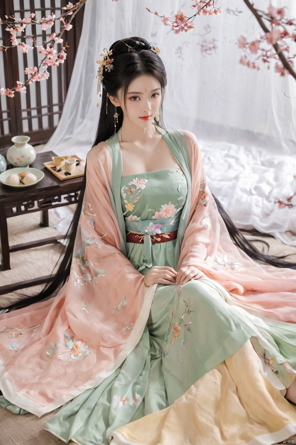  1girl, solo, long hair, black hair,Hairpins,necklace, hair ornament, dress, full body, flower, earrings, indoors, hair bun, (Silk dress),(Tube top Hanfu long skirt:1.1), pillow, bed, night, chinese clothes, table, branch,daxiushan, ,daxiushan style,(huge breasts:1.99), (full breasts:1.59), realistic,hanfu, daxiushan,Shoulders are exposed, , daxiushan, arien_hanfu, FilmGirl