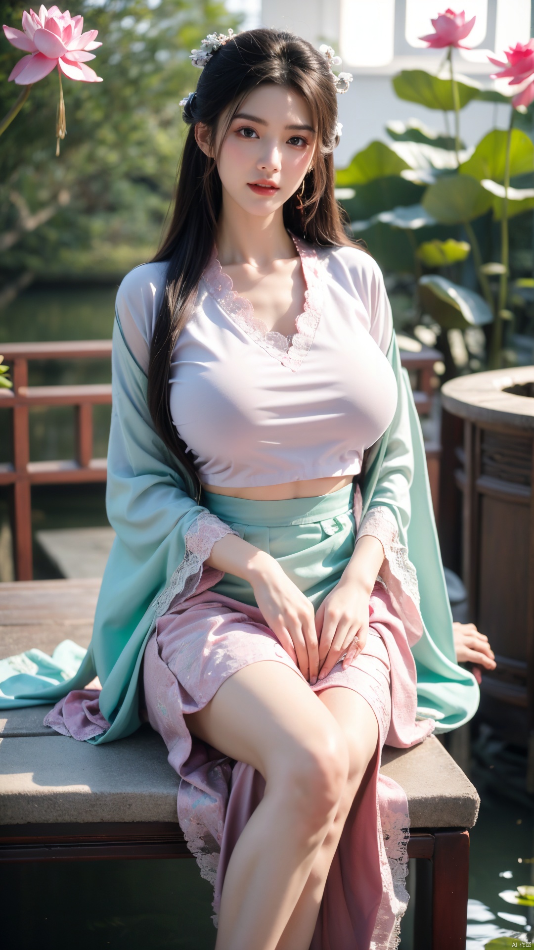  (1girl:1.1), (Lace green skirt:1.39), on Stomach,aqua_earrings,Lights, lanterns, chang,(big breasts:1.56),hanfu, Best quality, Realistic, photorealistic, masterpiece, extremely detailed CG unity 8k wallpaper, best illumination, best shadow, huge filesize ,(huge breasts:1.59) incredibly absurdres, absurdres, looking at viewer, transparent, smog, gauze, vase, petals, room, ancient Chinese style, detailed background, wide shot background,
(((black hair))),(Sitting on the lotus pond porch:1.49) ,(A pond full of pink lotus flowers:1.5),close up of 1girl,Hairpins,hair ornament,hair wings,slim,narrow waist,perfect eyes,beautiful perfect face,pleasant smile,perfect female figure,detailed skin,charming,alluring,seductive,erotic,enchanting,delicate pattern,detailed complex and rich exquisite clothing detail,delicate intricate fabrics,
Morning Serenade In the gentle morning glow, (a woman in a pink lotus-patterned Hanfu stands in an indoor courtyard:1.36),(Chinese traditional dragon and phoenix embroidered Hanfu:1.3), admiring the tranquil garden scenery. The lotus-patterned Hanfu, embellished with silver-thread embroidery, is softly illuminated by the morning light. The light mint green Hanfu imparts a sense of calm and freshness, adorned with delicate lotus patterns, with a blurred background to enhance the peaceful atmosphere,X-Yunxiao, Yunxiao_Fairy