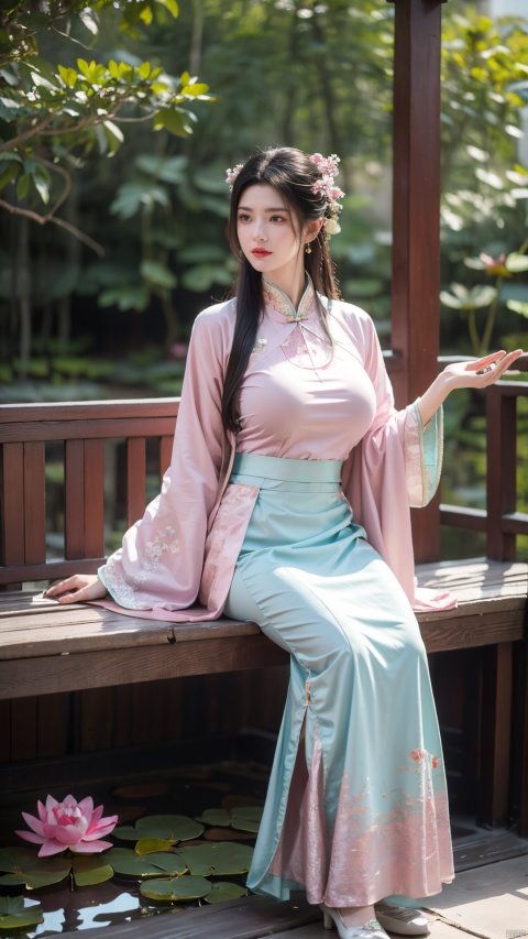  (1girl:1.1), (Lace pink-green skirt:1.39), on Stomach,aqua_earrings,Lights, lanterns, chang,(big breasts:1.56),hanfu, Best quality, Realistic, photorealistic, masterpiece, extremely detailed CG unity 8k wallpaper, best illumination, best shadow, huge filesize ,(huge breasts:1.59) incredibly absurdres, absurdres, looking at viewer, transparent, smog, gauze, vase, petals, room, ancient Chinese style, detailed background, wide shot background,
(((black hair))),(Sitting on the lotus pond porch:1.49) ,(A pond full of pink lotus flowers:1.5),close up of 1girl,Hairpins,hair ornament,hair wings,slim,narrow waist,perfect eyes,beautiful perfect face,pleasant smile,perfect female figure,detailed skin,charming,alluring,seductive,erotic,enchanting,delicate pattern,detailed complex and rich exquisite clothing detail,delicate intricate fabrics,
Morning Serenade In the gentle morning glow, (a woman in a pink lotus-patterned Hanfu stands in an indoor courtyard:1.36),(Chinese traditional dragon and phoenix embroidered Hanfu:1.3), admiring the tranquil garden scenery. The lotus-patterned Hanfu, embellished with silver-thread embroidery, is softly illuminated by the morning light. The light mint green Hanfu imparts a sense of calm and freshness, adorned with delicate lotus patterns, with a blurred background to enhance the peaceful atmosphere,