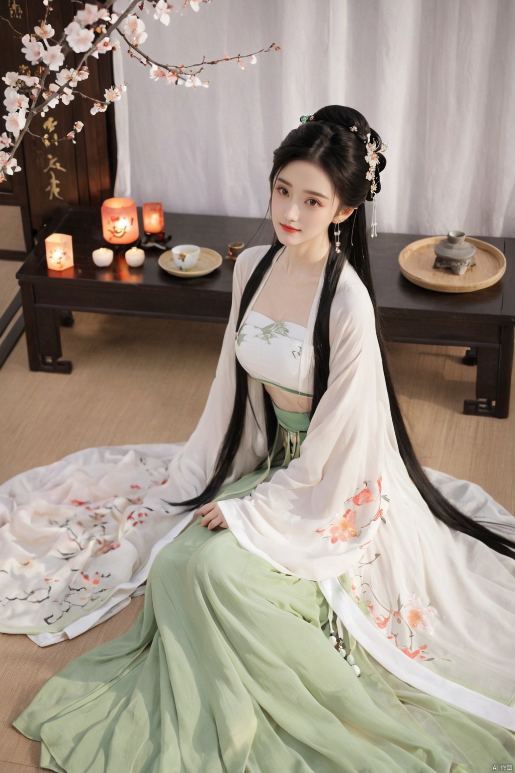  1girl, solo, long hair, black hair,Hairpins,necklace, hair ornament, dress, full body, flower, earrings, indoors, hair bun, (black-white dress),(Tube top Hanfu long skirt:1.1), pillow, bed, night, chinese clothes, table, branch,daxiushan, ,daxiushan style,(huge breasts:1.99), (full breasts:1.59), realistic,hanfu, daxiushan,Shoulders are exposed, , daxiushan, arien_hanfu, FilmGirl