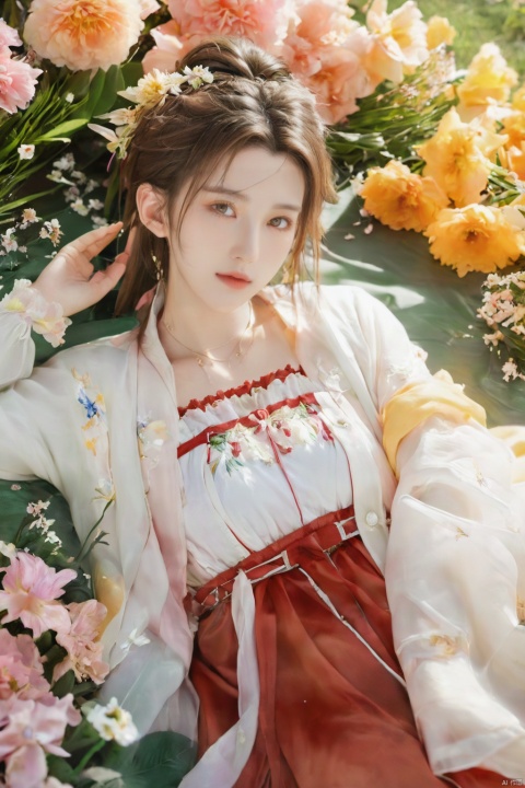  1girl, aerith gainsborough, final fantasy, lying back on flowers, from above, masterpiece, best quality, very aesthetic, absurdres, newest, ai-generated,(big breasts:1.52)