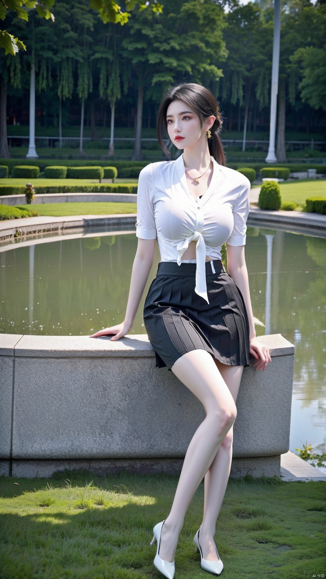  Best quality,masterpiece, 1girl,business shirt, (huge breasts:1.59)(Tie), (Exposed thighs:1.3), (mini skirt:1.3), (pleated skirt:1.3),1 girl,(Sitting on the grass in the park with a lotus pond in the background:1.3),(huge breasts:1.69),Clothes Chinese landscape painting hanging on the wall,moyou