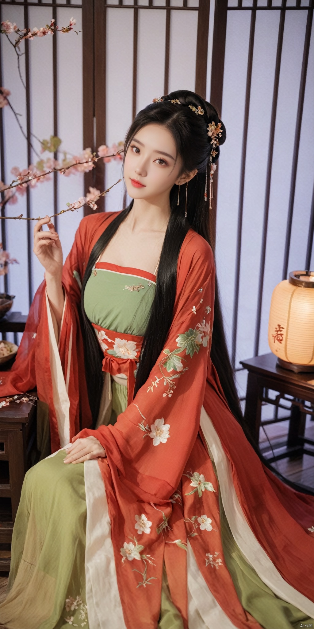  1girl, solo, long hair, black hair,Hairpins,necklace, hair ornament, dress, full body, flower, earrings, indoors, hair bun, (red-green dress),(Tube top Hanfu long skirt:1.1), pillow, bed, night, chinese clothes, table, branch,daxiushan, ,daxiushan style,(huge breasts:1.99), (full breasts:1.59), realistic,hanfu, daxiushan,Shoulders are exposed, , daxiushan, arien_hanfu, FilmGirl
