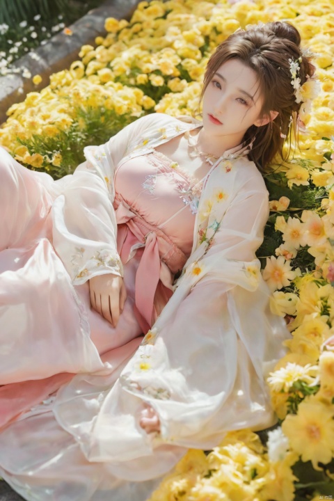  1girl, aerith gainsborough, final fantasy, lying back on flowers, from above, masterpiece, best quality, very aesthetic, absurdres, newest, ai-generated,(big breasts:1.52)